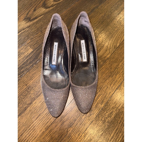 Manolo Blahnik Shoes - Manolo Blahnik Metallic Silver Gold‎ Textured Block Heel Pumps Pointed Toe 37.5